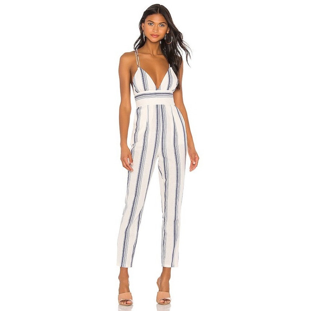 NWT Superdown Evaline Stripe Jumpsuit in Navy Stripe Size Medium Coastal Beach